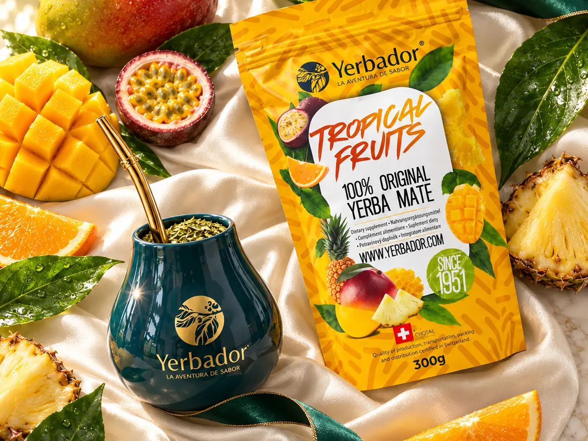 Tropical Fruits yerba mate with mango, passion fruit and pineapple — flat lay