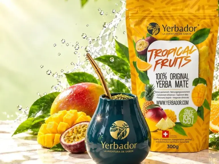 Tropical Fruits yerba mate, mate cup, mango and passion fruit in a water splash
