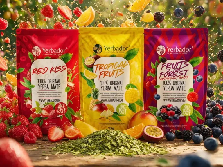 Three Yerbador yerba mate flavors among fresh fruit and dried mate leaves