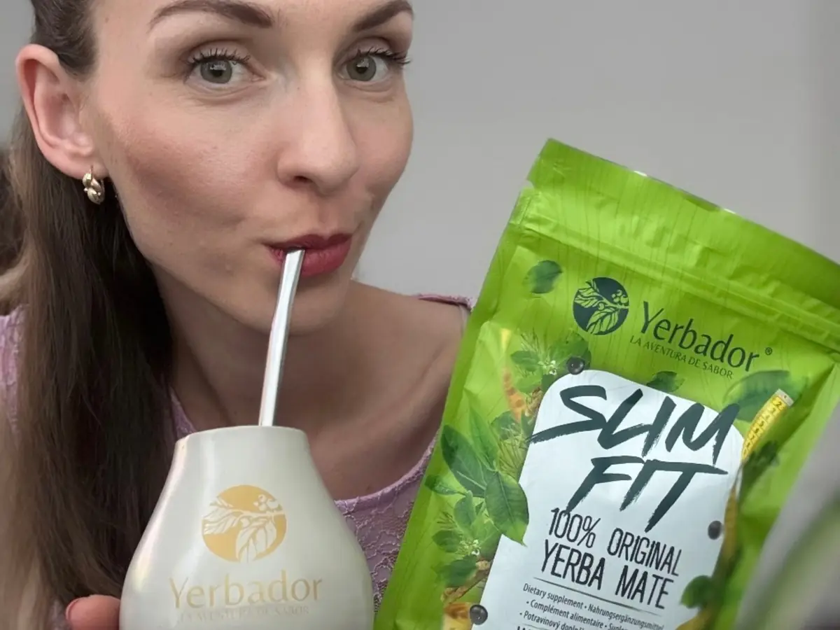 Woman drinking yerba mate through a bombilla from a white matero, next to Slim Fit