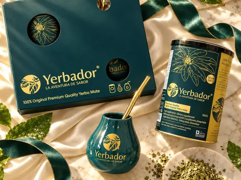 Yerbador Premium set with tin and mate cup on satin with a green ribbon