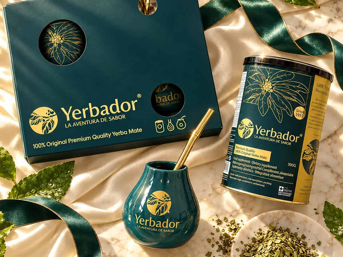 Yerbador Premium set with tin and mate cup on satin with a green ribbon