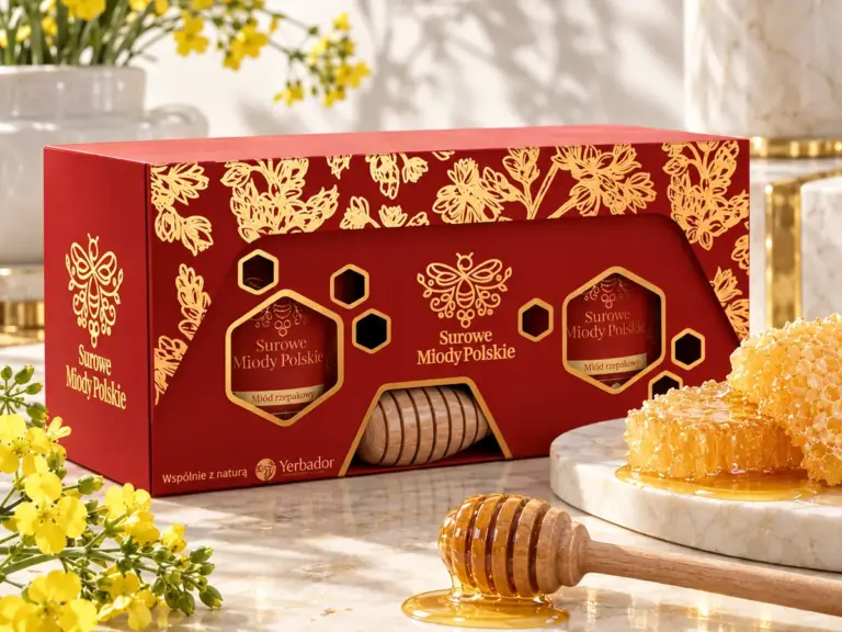 Red-and-gold gift box with three Yerbador honeys and a honeycomb