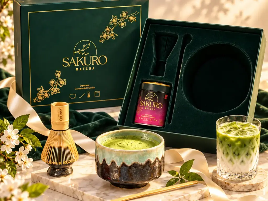 Yerba mate per cinema e teatri: set regalo Sakuro aperto con ciotola di matcha, chasen e latte su raso