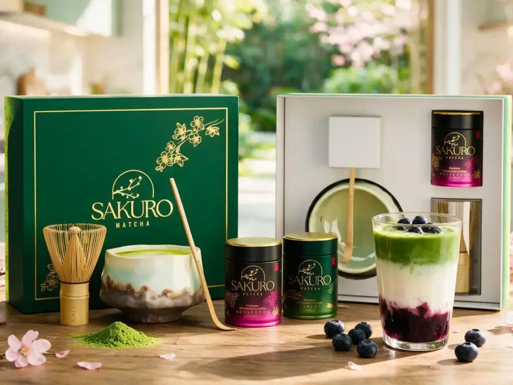 Set regalo Sakuro aperto: ciotola, chasen, chashaku e due latte di matcha