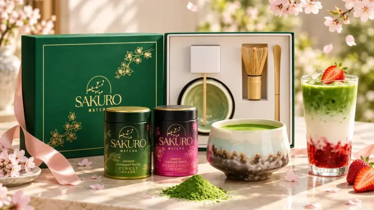 Sakuro gift set, matcha bowl and strawberry matcha latte among cherry blossoms