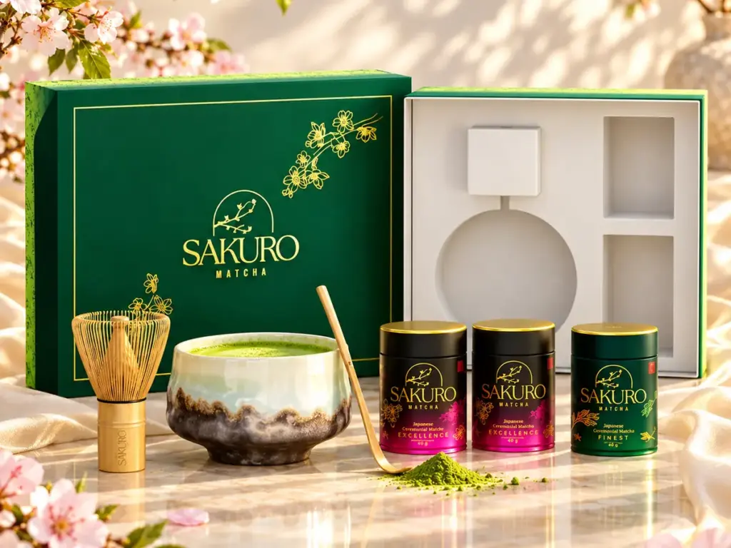 Open Sakuro gift set with bowl, chasen and three matcha tins