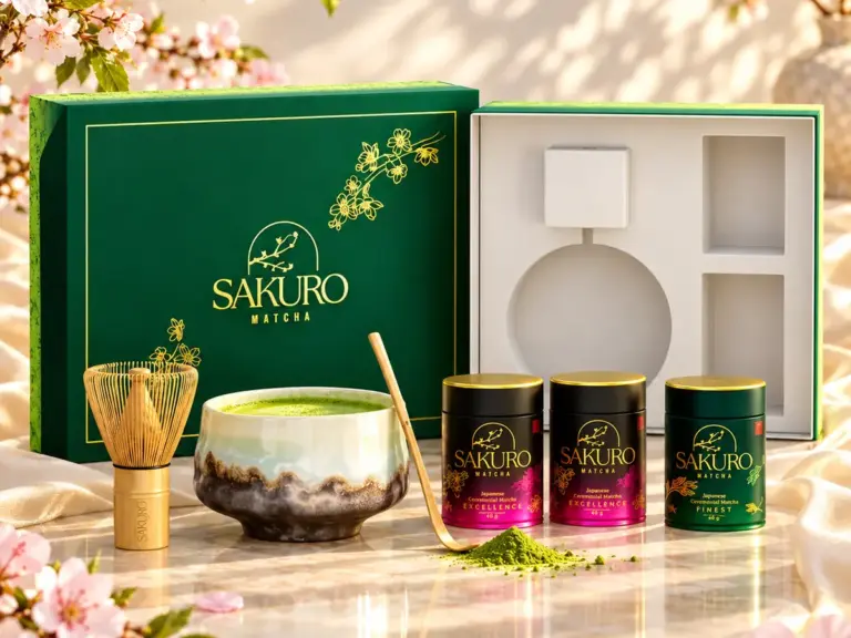 Open Sakuro gift set with bowl, chasen and three matcha tins