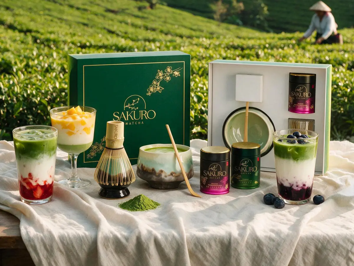 Table full of matcha drinks and a Sakuro gift set on a tea plantation
