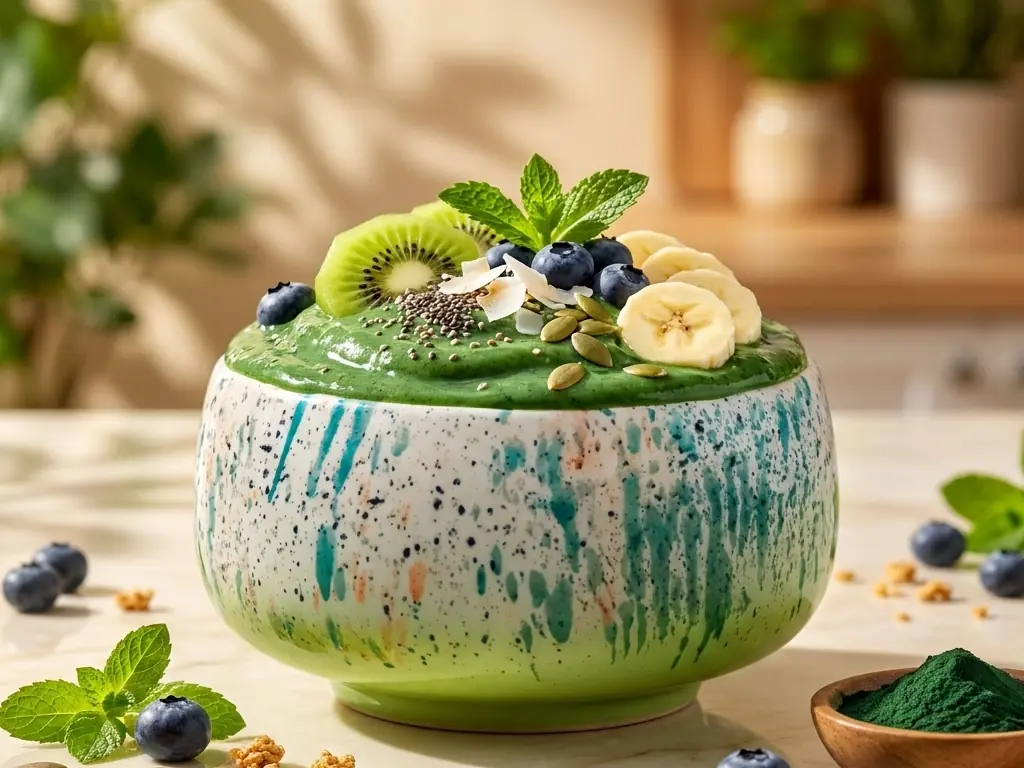 Green spirulina bowl in a speckled bowl, with a small dish of powder nearby