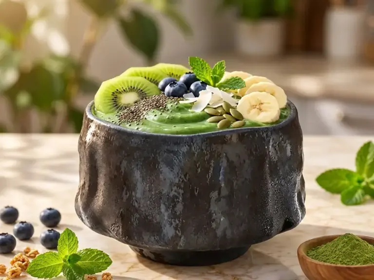 Green bowl with kiwi and banana in a black Fuji bowl