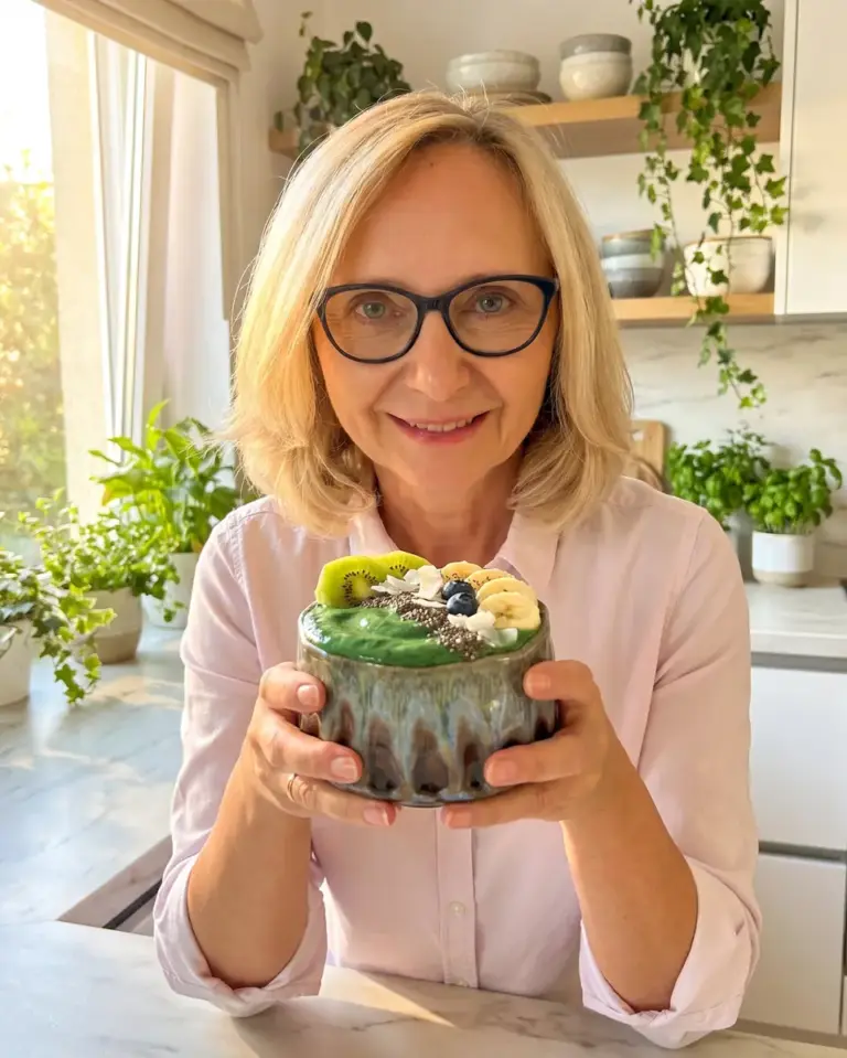 Smiling woman in glasses with a green bowl in a glazed bowl
