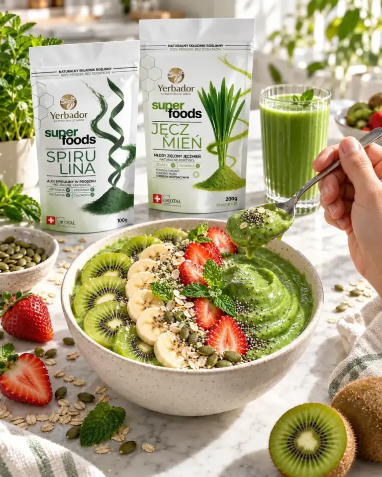 Green bowl with kiwi, banana and strawberries, Yerbador spirulina and young barley in background