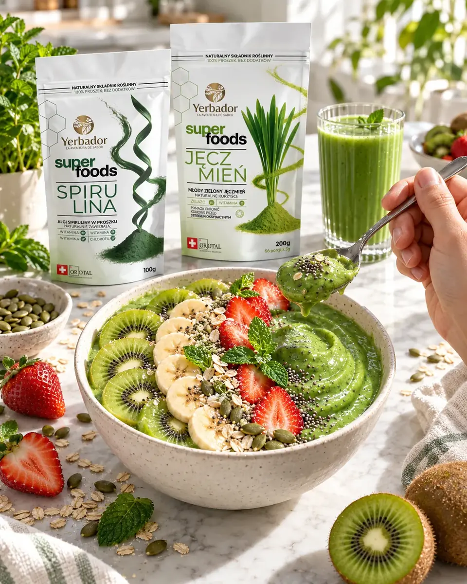 Green bowl with kiwi, banana and strawberries, Yerbador spirulina and young barley in background